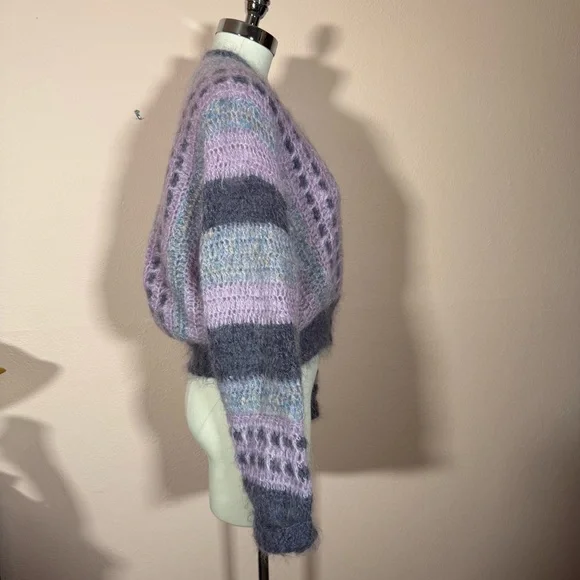 Mohair wool grandmacore Lavender Grey Crochet Ireland Cardigan Sweater - Picture 8 of 16